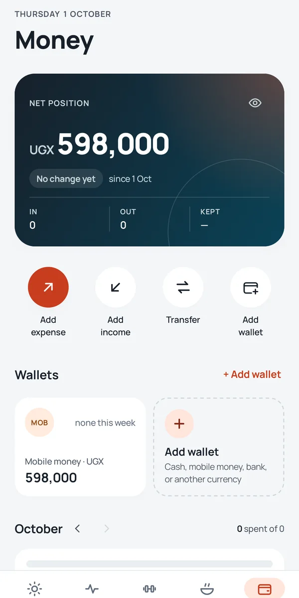 Money: net position, quick actions and wallets